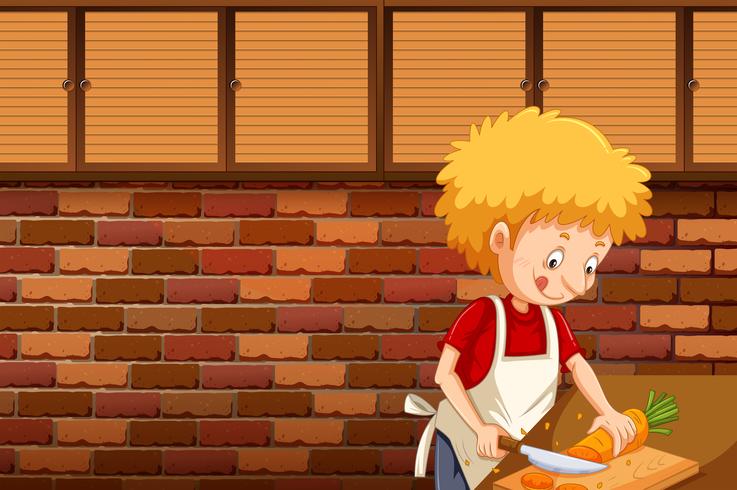A Man Cutting Carrot in Kitchen vector