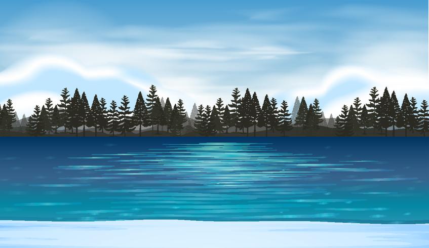 Lake scene with pine forest in background - Download Free Vector Art, Stock Graphics & Images