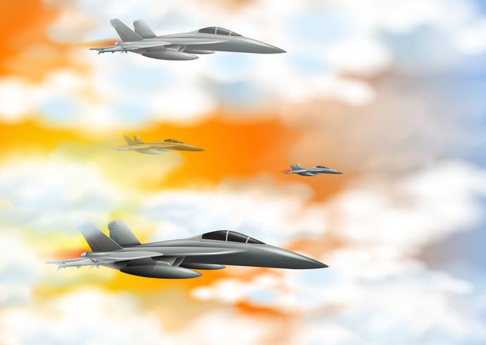 Four fighting jet in orange sky vector