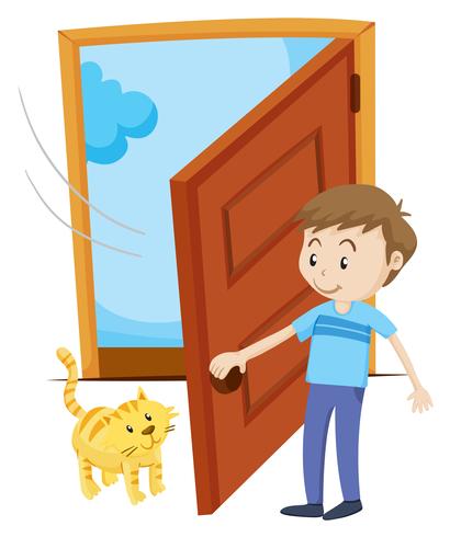 Hombre abre la puerta para gato mascota vector