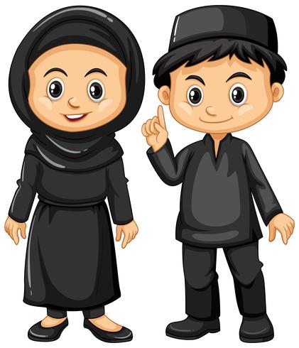 Chico y chica indonesios en trajes negros. vector