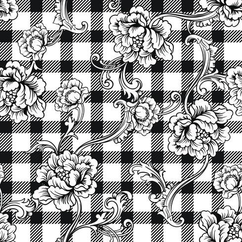 Eclectic fabric plaid seamless pattern with baroque ornament. vector