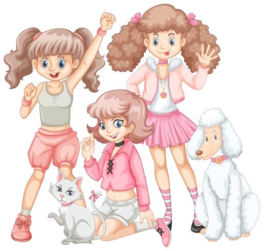 Group of girls and pets vector