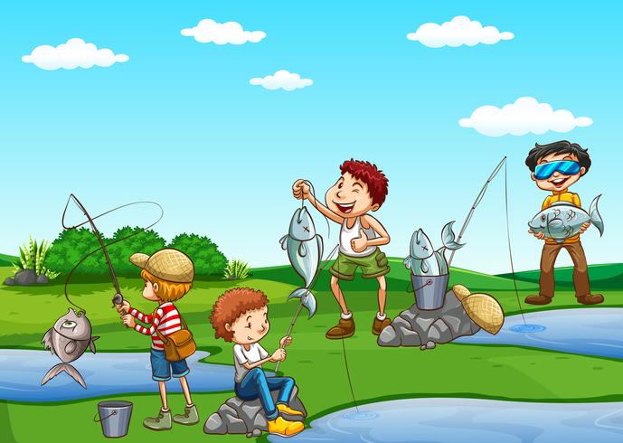 Group of boys fishing vector