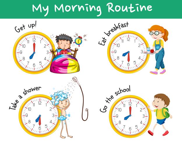 Morning routines with clocks and children - Download Free Vector Art, Stock Graphics & Images