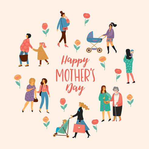 Happy Mothers Day. Vector illustration with women and children.