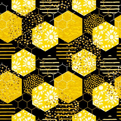 Seamless geometric pattern with bee. Modern abstract honey design. vector