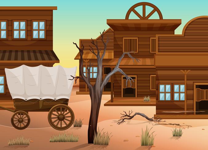 Wagon and many shops in western town vector