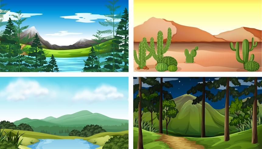 Cuatro escenas de la naturaleza con arboles y montañas. vector