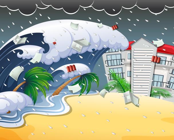 Tsunami hitting beach resort vector