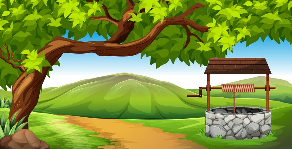 Scene with stone well in the field vector