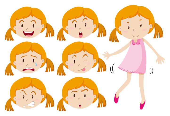 Chica en vestido rosa y diferentes emociones. vector