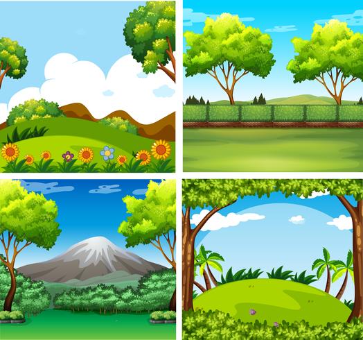 Cuatro escenas de fondo con arboles y campo. vector