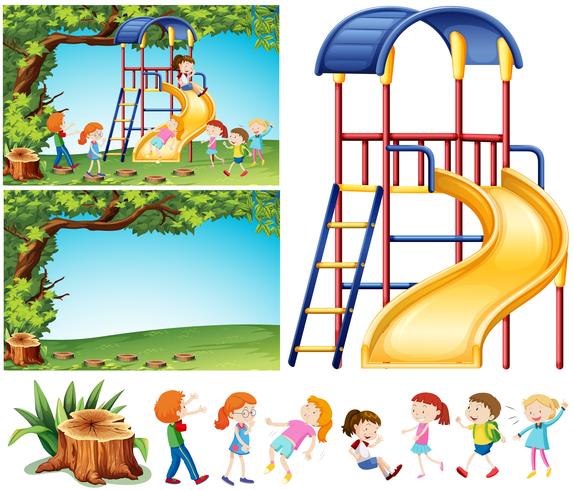 Escena de parque infantil con niños felices. vector