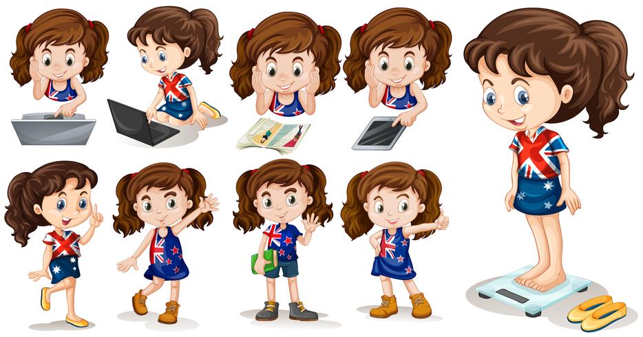 Little girl doing different activities vector