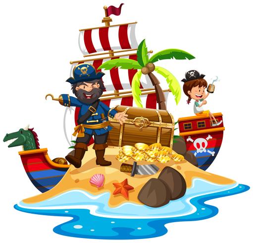 Pirata y barco en la isla del tesoro. vector