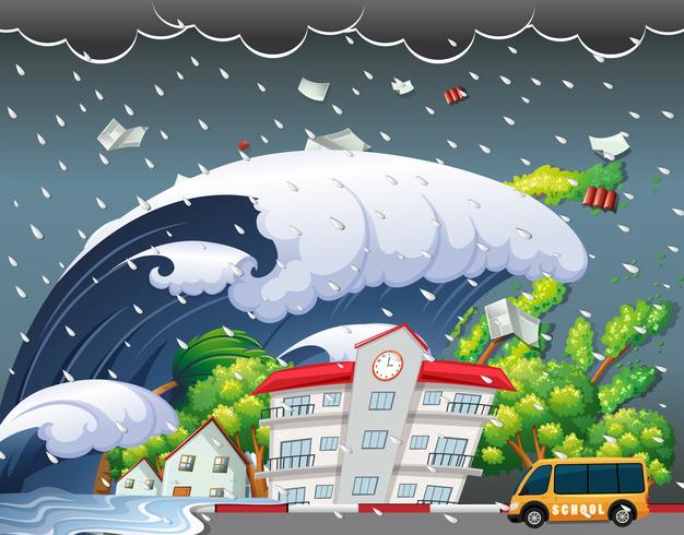 Tsunami hit school building vector