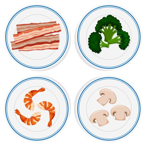 Four kinds of ingredients on white plates vector