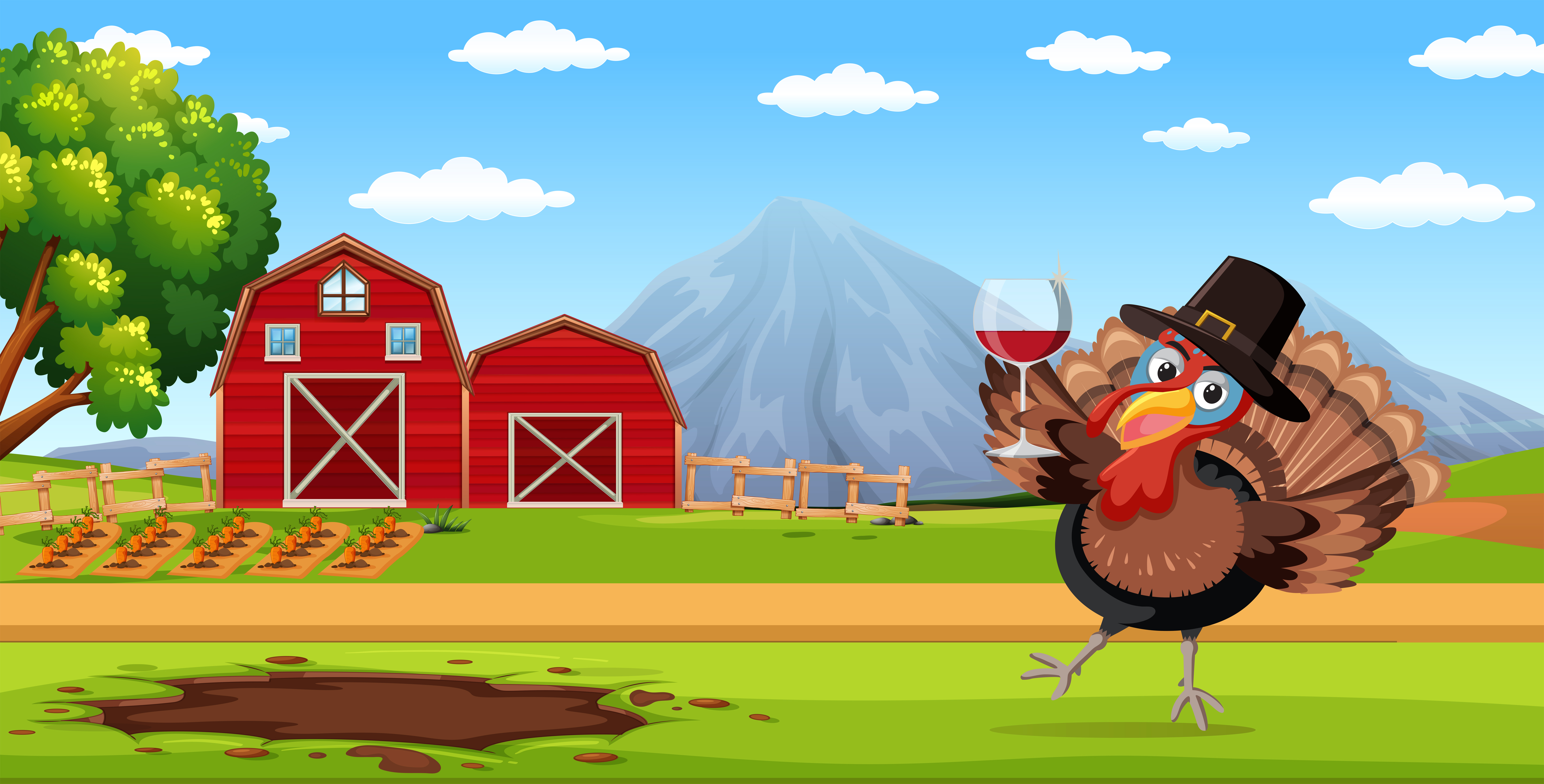 Turkey holding wine glass in farm scene 294527 Vector Art at Vecteezy