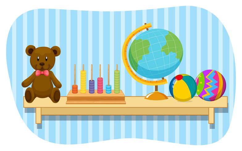 Teddy bear and globe on wooden shelf vector