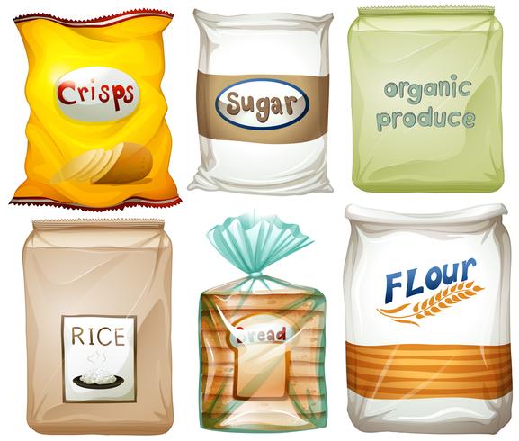 Different types of food in bags vector