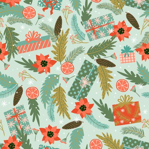 Christmas and Happy New Year seamless pattern with coniferous branches. vector