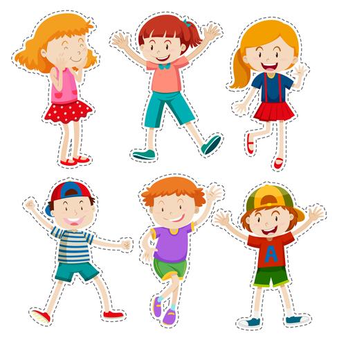 Sticker set of happy boys and girls vector