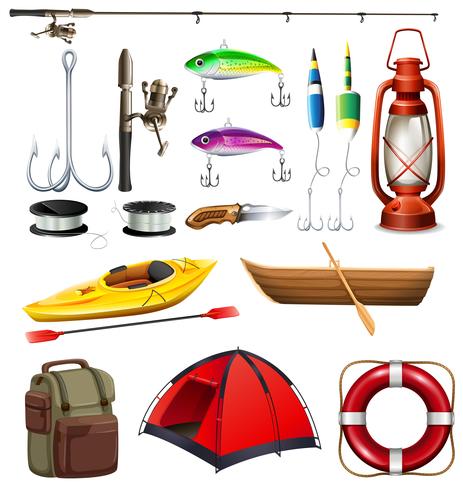 Conjunto de material de camping y pesca. vector