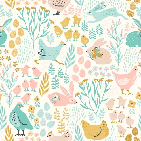 Vector seamless pattern with bunnies and chicken for Easter and other users.