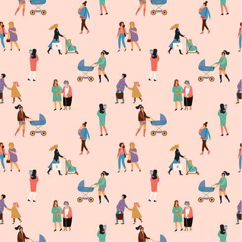 Happy Mothers Day. Vector seamless pattern with women and children.