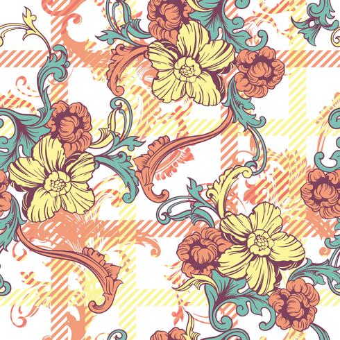 Eclectic fabric plaid seamless pattern with baroque ornament. vector