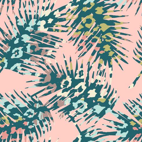 Trendy seamless exotic pattern with palm, animal prints and hand drawn textures. vector