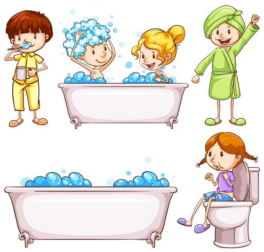 Niños lavándose los dientes y bañándose. vector