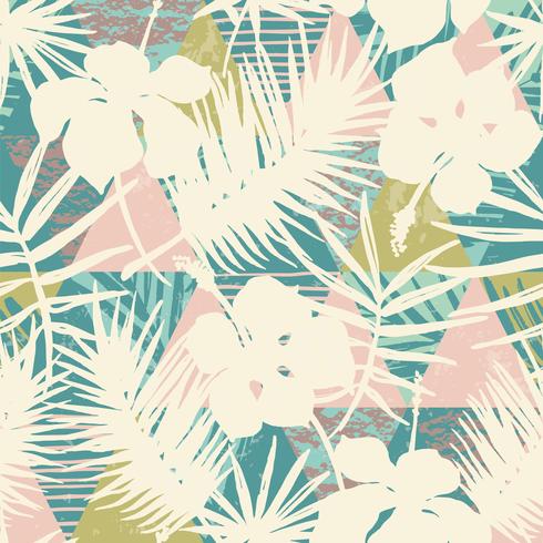 Seamless exotic pattern with tropical plants and geometric background. vector