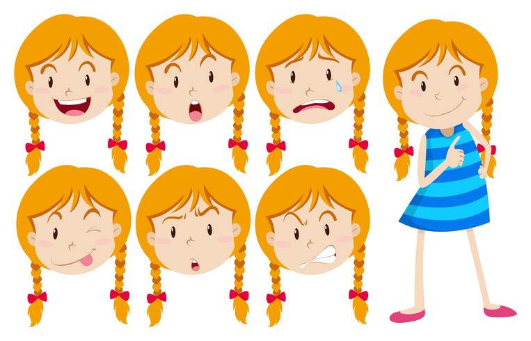 Girl with blond hair with many facial expressions vector