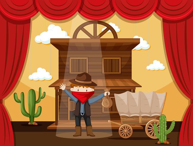 Boy acting on stage with cowboy scene vector