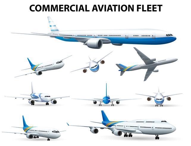 Avión en diferentes posiciones para la flota de aviación comercial. vector