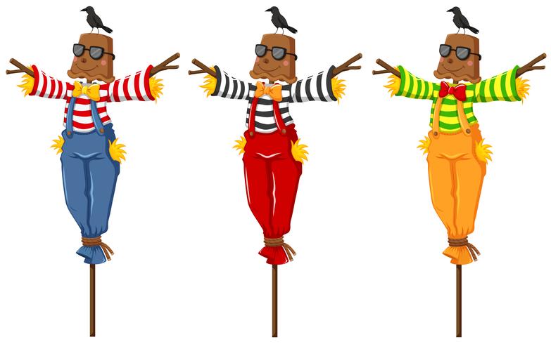 Three scarecrows on wooden sticks vector