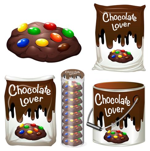 Galletas de chocolate en muchos envases. vector