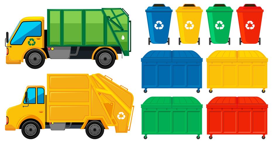 Rubbish trucks and cans in many colors vector