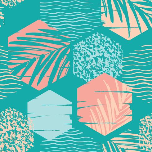 Seamless exotic pattern with palm leaves on geometric background vector
