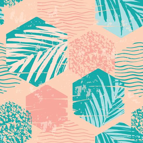 Seamless exotic pattern with palm leaves on geometric background vector