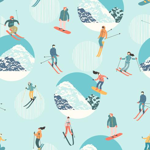 Vector illustration of skiers and snowboarders. Seamless pattern.