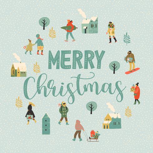 Christmas and Happy New Year illustration whit people. Trendy retro style. vector