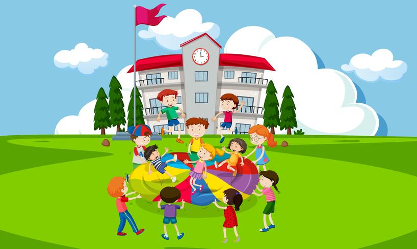 Children playing with a parachute infront of school vector