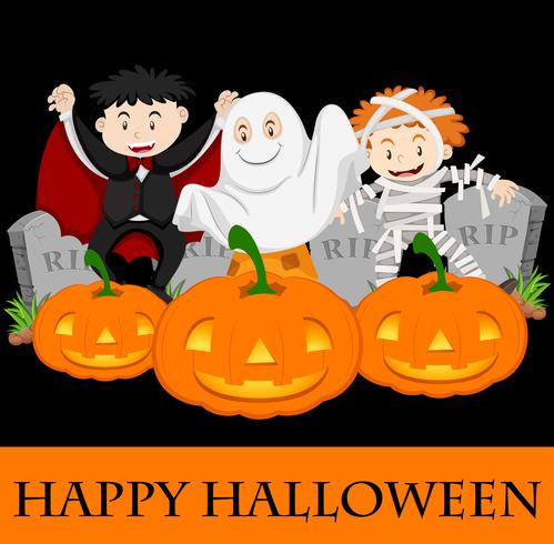 Plantilla de tarjeta de feliz Halloween con niños en traje vector