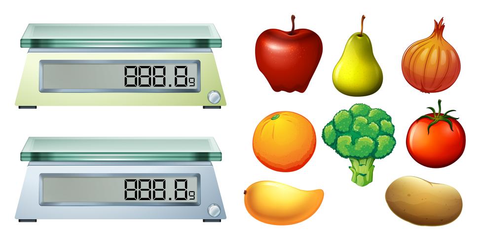 Fresh fruits and measuring scales vector