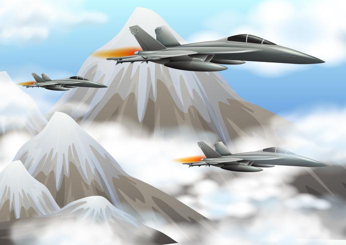 Three jet planes flying over the mountains vector