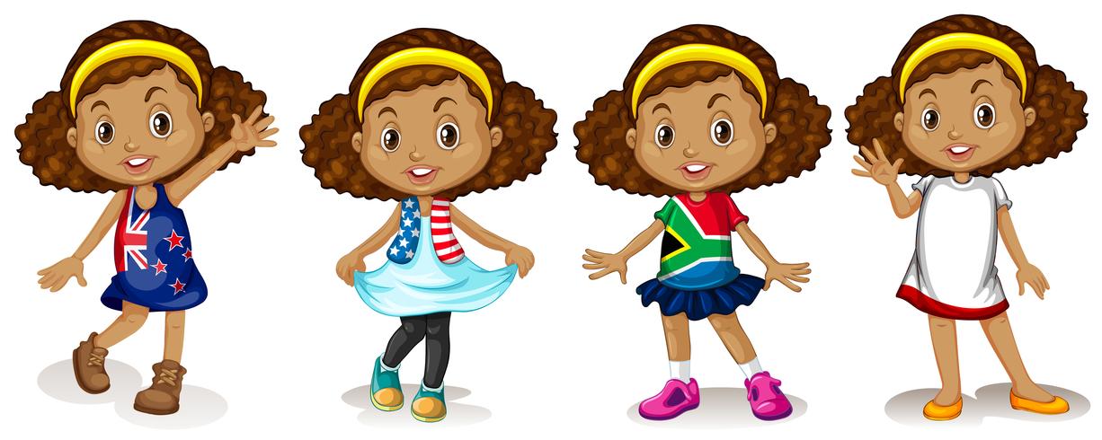 Little girl wearing shirts from different countries vector