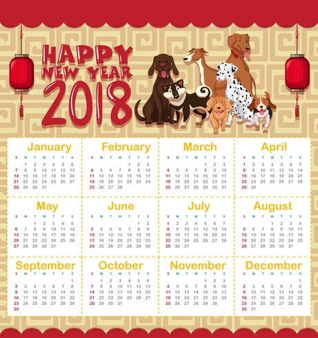 Plantilla de calendario 2018 con muchos perros lindos vector